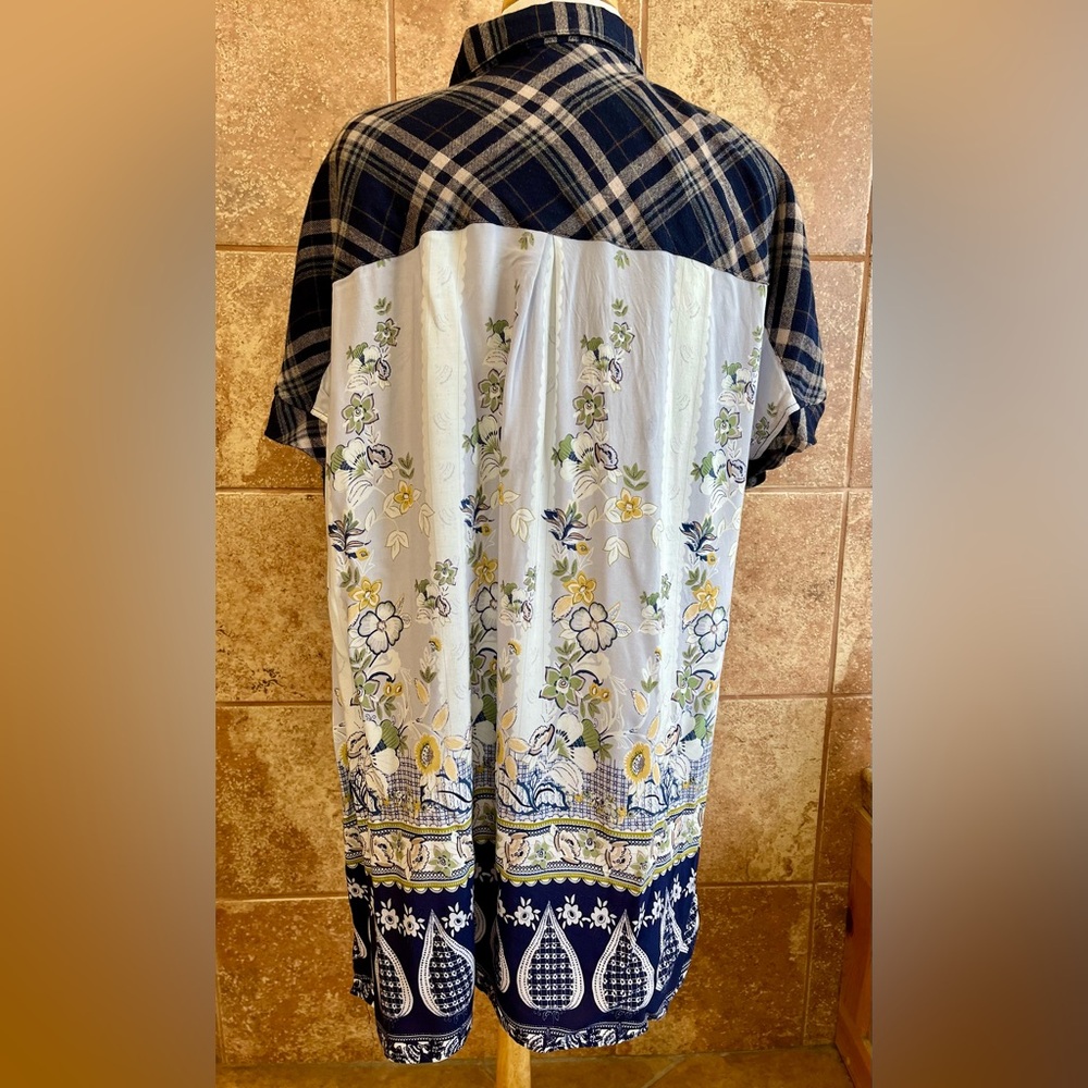 Oddy Blue & White Plaid Button Front Top w/Floral Print Back 3XL